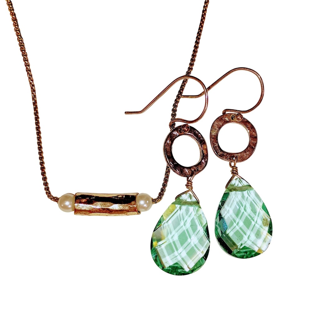 Gold & pearl‎ necklace and green teardrop fashion earrings SKUJ049